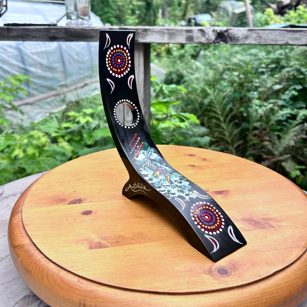 Gravity Balancing Wine Bottle Holder Wood Dot Art Aboriginal Australia Handmade